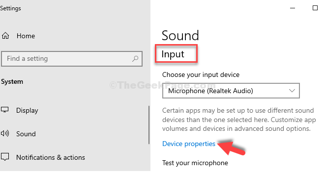 Sound Settings Input Device Properties