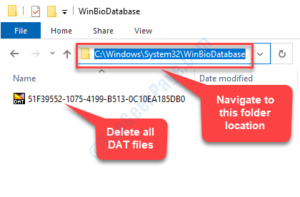 File Explorer Naviagate to WinBioDatabase folder location DAT files CDelete