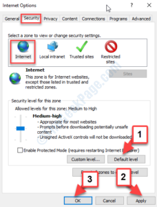 Internet Options Security Tab Internet Default Level Apply Ok