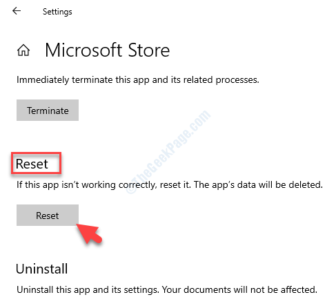 Microsoft Store Reset Reset Button