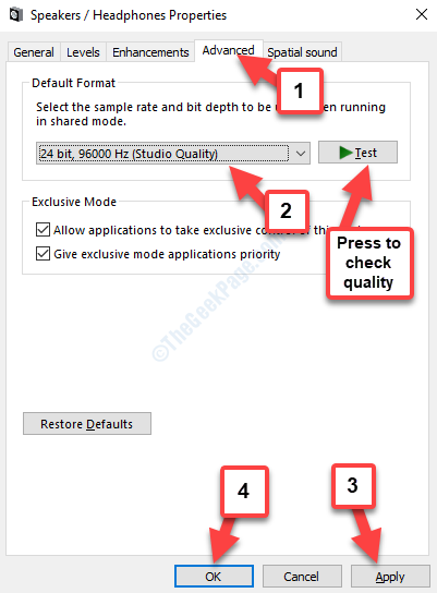 Properties Advanced Tab Set Default Format Test Apply Ok
