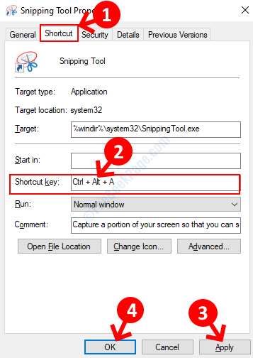 Snipping Tool Properties Shortcut Tab Shortcut Key Apply Ok