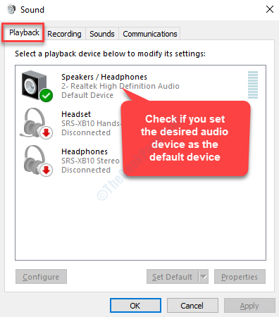 Sound Playback Tab Check If The Audio Device Is Set As Default