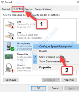 Sound Recording any device right click Show Disabled Devices