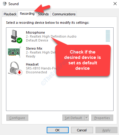 Sound Recording Tab Check If The Desired Device Is Set As The Default Device