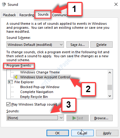 Sound Window Sounds Tab Program Events Windows User Account Control Sounds None Apply Ok