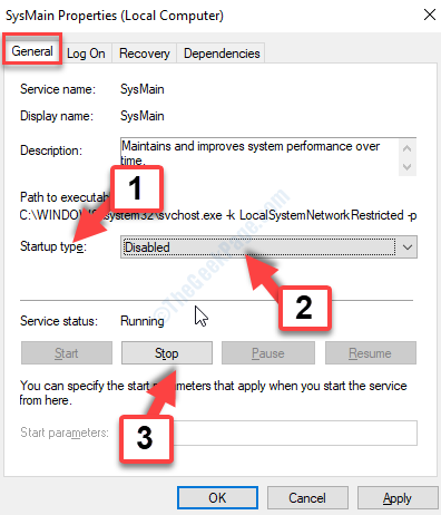 Sysmain Properties General Tab Startu Type Disabled Stop Apply Ok