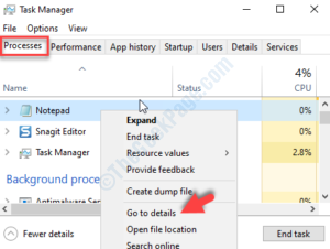 Task Manager Processes tab right click on task Go to details