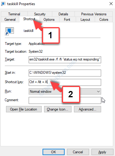 Taskkill Properties Shortcut Tab Shortcut Key Set Custom Key