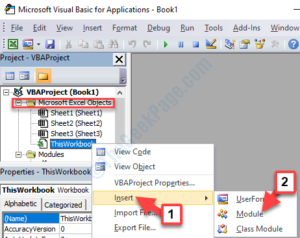 VBA editor Project bar Microsoft Excel Objects ThisWorkbook right click Insert Module