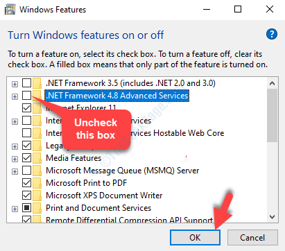 Windows Features .net Framework 4.8 Advanced Services Uncheck Ok