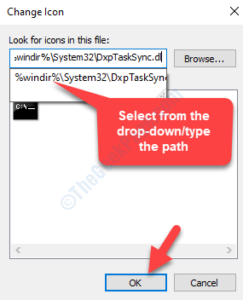 Change icon Look for icons in this file type path or select from drop down OK