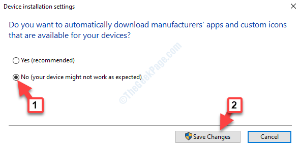Device Installation Settings No Save Changes