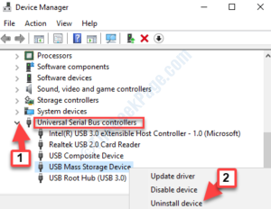 Device Manager Universal Serial Bus Controllers Usb Mass Storage Device Uninstall Device