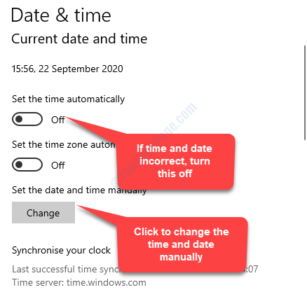 If Date & Time Incorrect Set Time Automatically Turn Off Set The Date And Time Manually Change