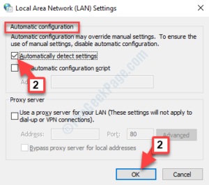 LAN settinsg window Automatica configuration Automatically detect settings check OK
