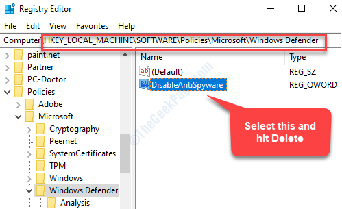 Registry Editor Navigate To Path Select Disableantispyware Delete