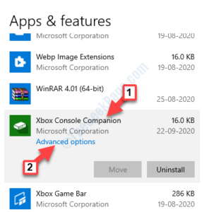 Settings Apps Apps features Xbox Console Companion Advanced options