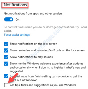 System settings right side Notifications Get tips tricks and suggestions as you use Windows uncheck