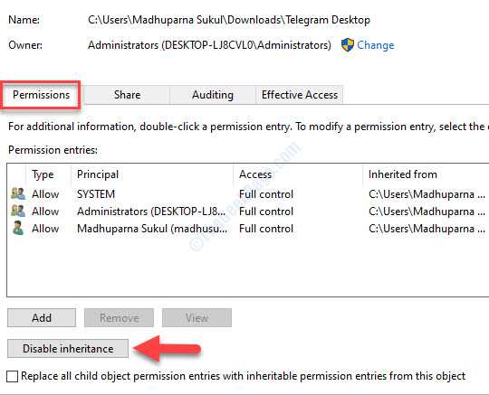 Advanced Security Settings Permissions Disable Inheritence
