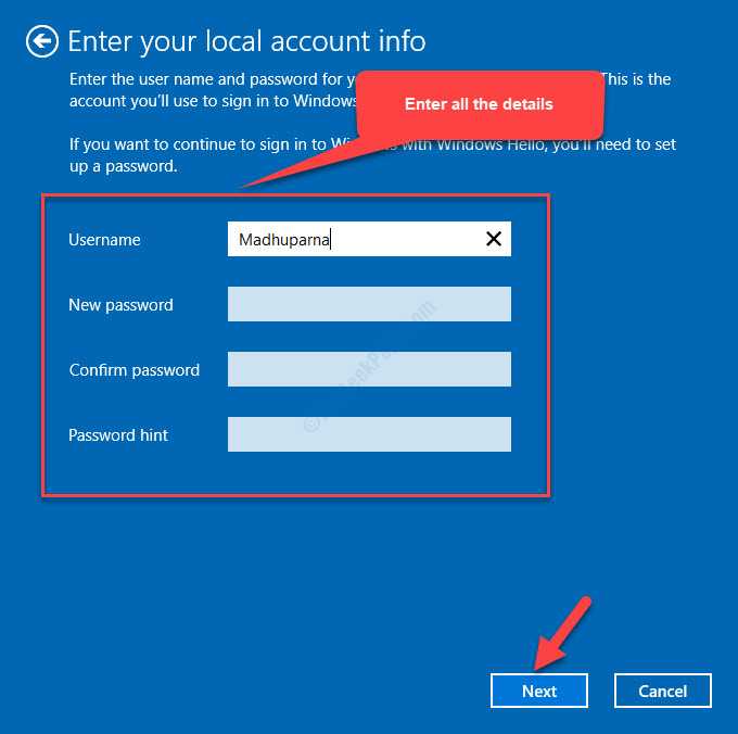 Enter Your Local Account Info Enter All The Details Next