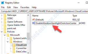 New DWORD value Rename DisableWindowsSpotlightOnActionCenter