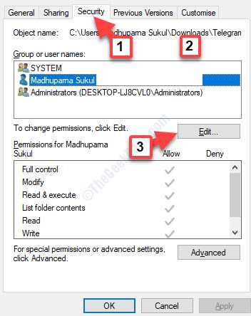 Properties Security Group Or User Names Select Name Edit