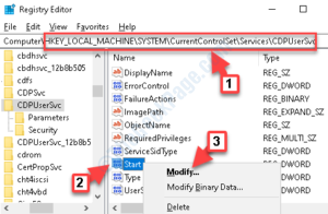 Registry Editor navigate to CDPUserSvc right side Start right click Modify