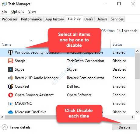 Task Manager Startup Tab Select Each Item One By One Click Disable Each Time
