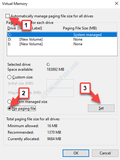 Virtual Memory Automatically Manage Paging File Size For All Uncheck No Paging File Set