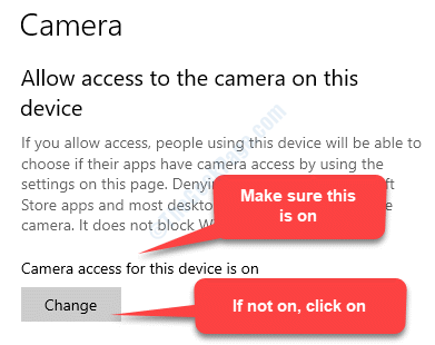Camera Allow Access To The Camera On This Device Camera Access For This Device Is On Or Change