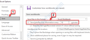 Excel Options Save Save AutoRecover information every check