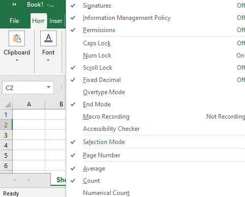 Ms Excel Status Bar Right Click Scroll Lock Deselect