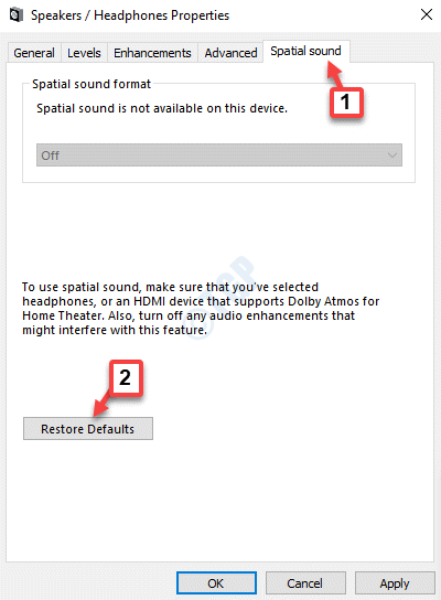 Audio Properties Spatial Sound Tab Restore Defaults Apply Ok