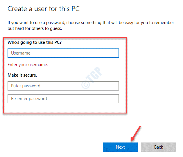 Create A User For This Pc Create Username & Password Next