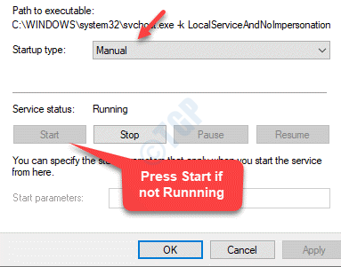Свойства Общие Тип запуска Вручную Статус службы Выполняется, если не запущен