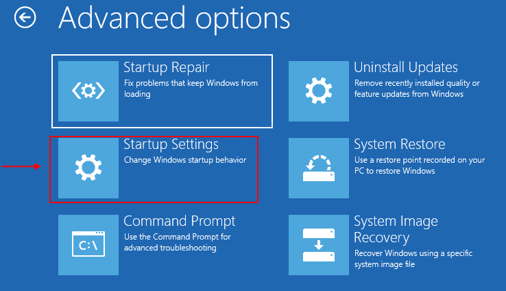 Advanced Options Startup Repair Startup Settings Command Prompt