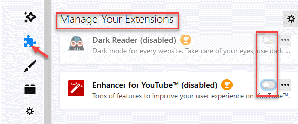 Add Ons Manager Puzzle Sign On Left Manage The Extensions On Right Disable Extensions