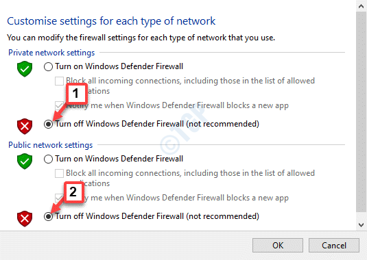 Customize Settings Turn Off Windows Defender Firewall (not Recommended)