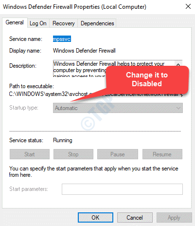 Windows Defender Firewall Properties General Startup Type Disabled Apply Ok
