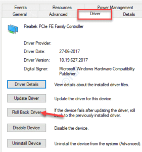 Device Properties Driver Roll Back Driver Ok
