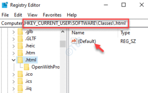 Registry Editor navigate to .html key Default double click