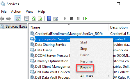 Services Name Cryptographic Services Right Click Restart
