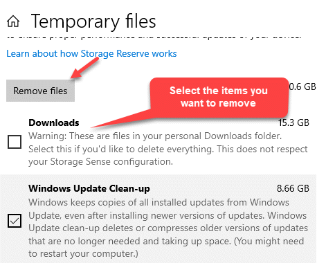 Temporary Files Select Items To Be Removed Remove Files