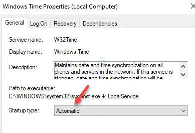 Windows Time Properties General Startup Type Automatic