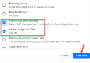 Clear browsing data Cookies and other site data Cached images and files select