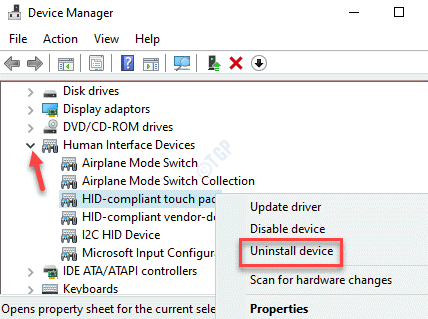 Device Manager Human Interfaces Devices Touchpad Driver Right Click Uninstall Device