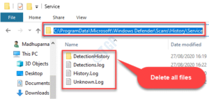 File Explorer Navigate To Service Folder In Windows Defender Select All File Delete