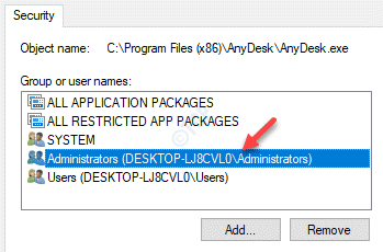 Permissions Window Group Or User Names Administrators