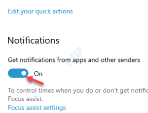 Settings System Notifications actions Get notifications from apps and other senders turn on